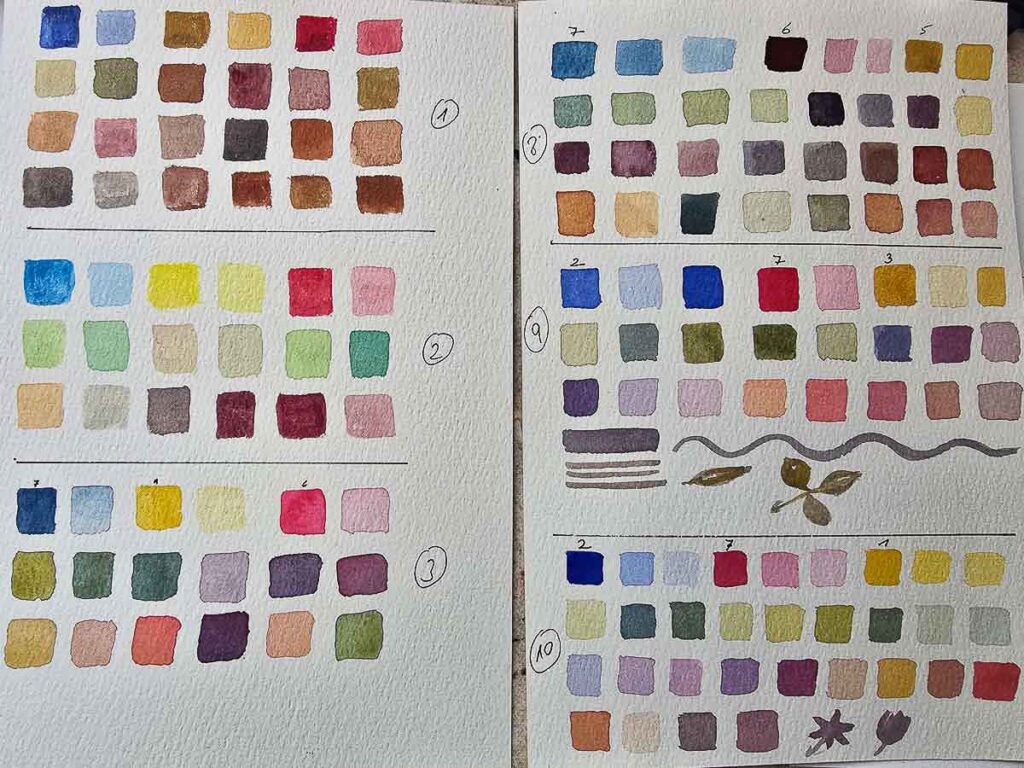 Aquarellfarben mischen: drei frei gewählte Farben miteinander gemischt.